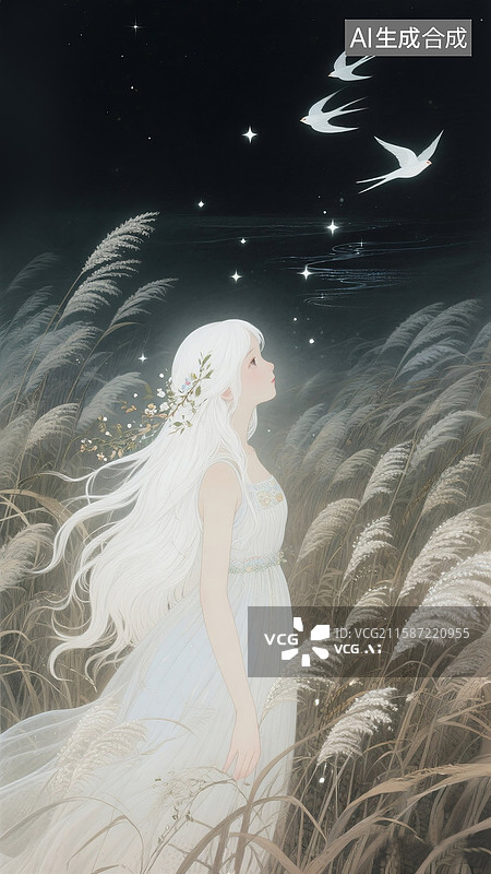 【AI数字艺术】二十四节气-秋天主题插画-芦苇丛中的长发女孩 唯美治愈系插画 秋天的夜晚 竖版图片素材