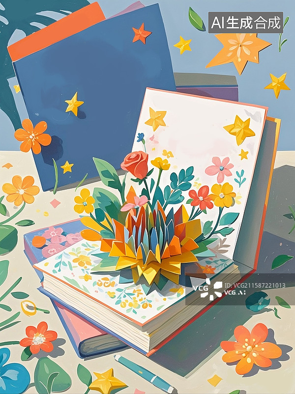 【AI数字艺术】3D渲染教师节插画 桌面上的立体折纸花朵、书籍 老师您辛苦了 学生感恩老师 开学季 竖版图片素材