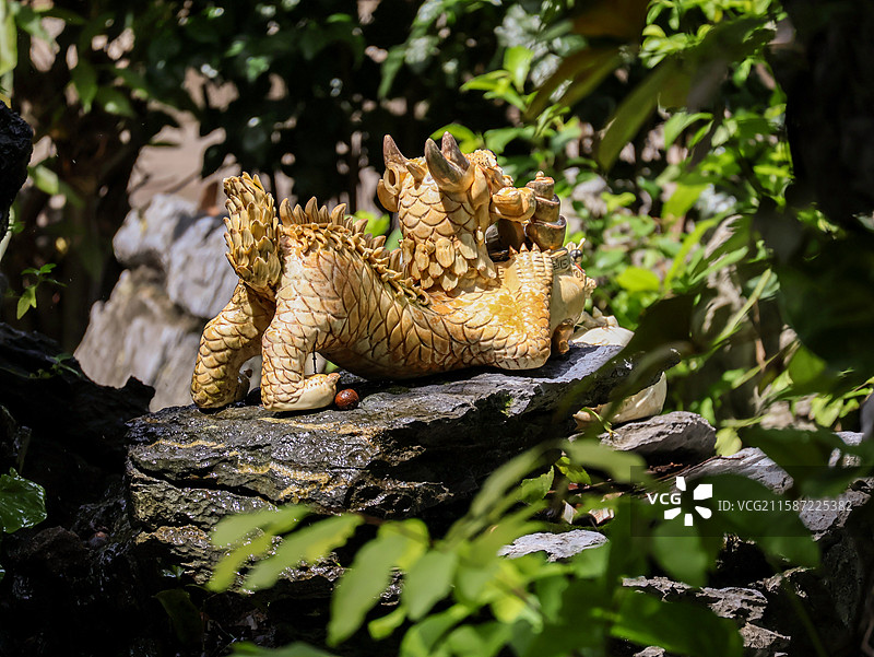 佛山祖庙博物馆锦鲤池假山上的金色麒麟图片素材