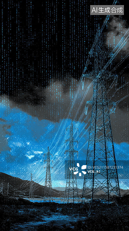 【AI数字艺术】雨夜中的高压电塔图片素材