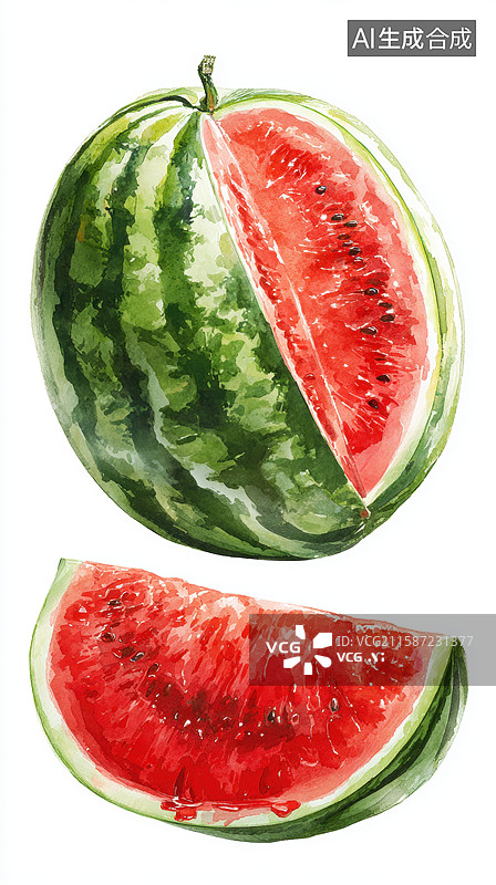 【AI数字艺术】西瓜切片与整体的水彩画图片素材
