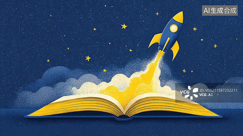 【AI数字艺术】书本火箭梦幻插画图图片素材