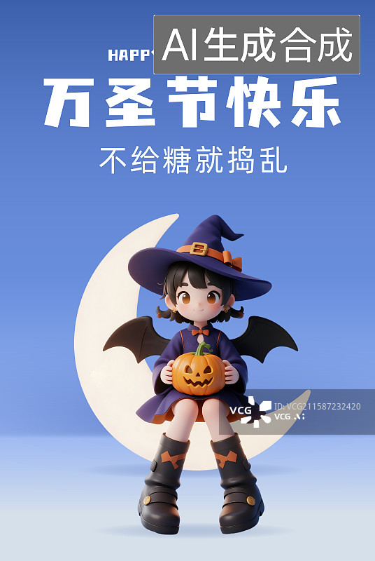 【AI数字艺术】万圣节装扮的女孩和南瓜女巫帽糖果卡通3D插画设计海报图片素材