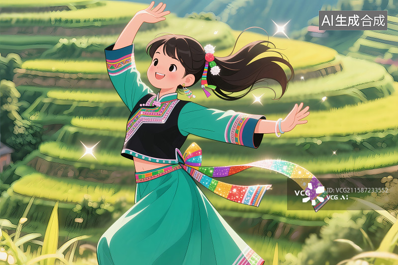 【AI数字艺术】卡通风格，梯田为背景，穿着民族服饰的布依族少女在开心的跳舞图片素材