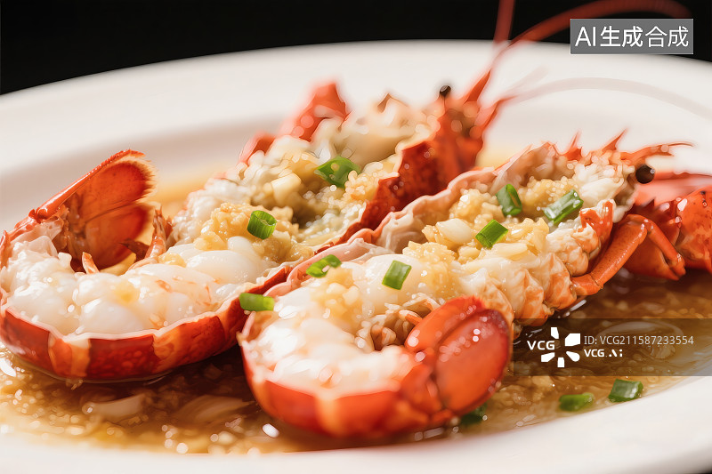 【AI数字艺术】清蒸蒜蓉龙虾，色泽诱人，汤汁浓郁图片素材