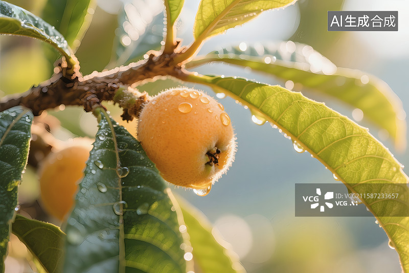 【AI数字艺术】清晨，阳光照射在果树上成熟的枇杷上，枇杷沾着水珠图片素材