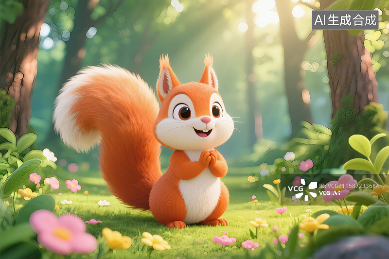 【AI数字艺术】卡通风格，阳光照射进树林中，森林中央草地上一只可爱的小松鼠图片素材