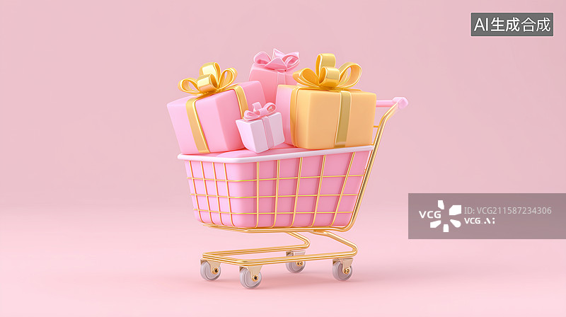 【AI数字艺术】粉色购物车3D节日礼物场景图片素材