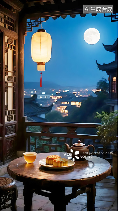 【AI数字艺术】AIGC：中秋节赏月品茶 中式风格背景图片素材