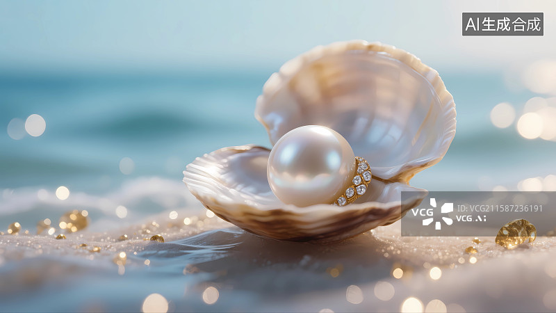 【AI数字艺术】贝壳中的珍珠珠宝概念背景图片素材