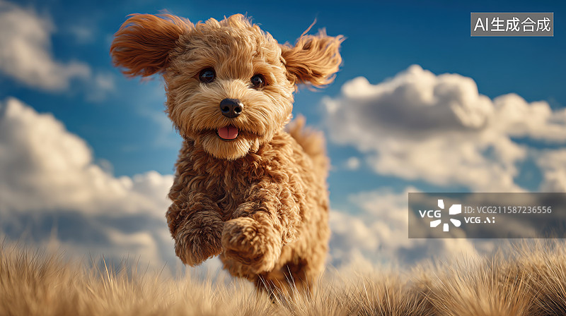 【AI数字艺术】毛茸茸的小狗在草地上奔跑图片素材