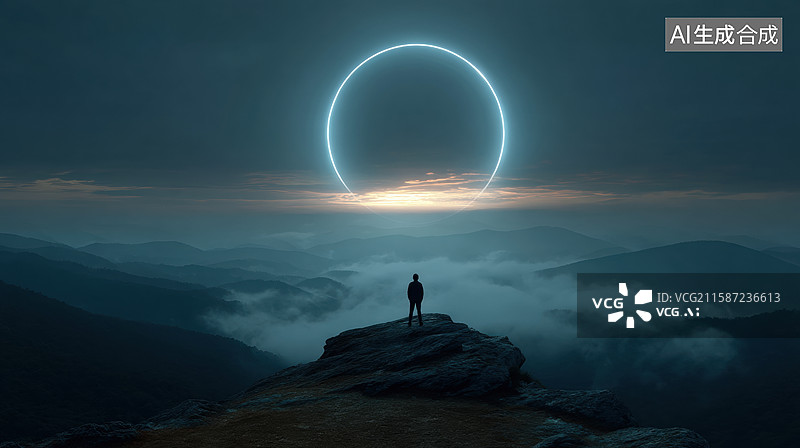 【AI数字艺术】山顶观日环食，神秘自然奇观图片素材