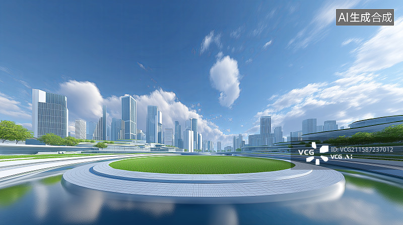 【AI数字艺术】汽车广告背景图——现代极简城市天际线与绿色草地产品展台图片素材