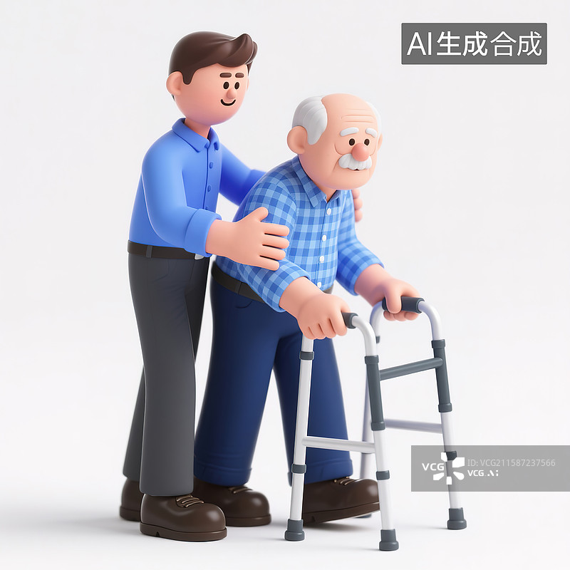 【AI数字艺术】一个年轻人搀扶着老人康复训练3d插画图片素材