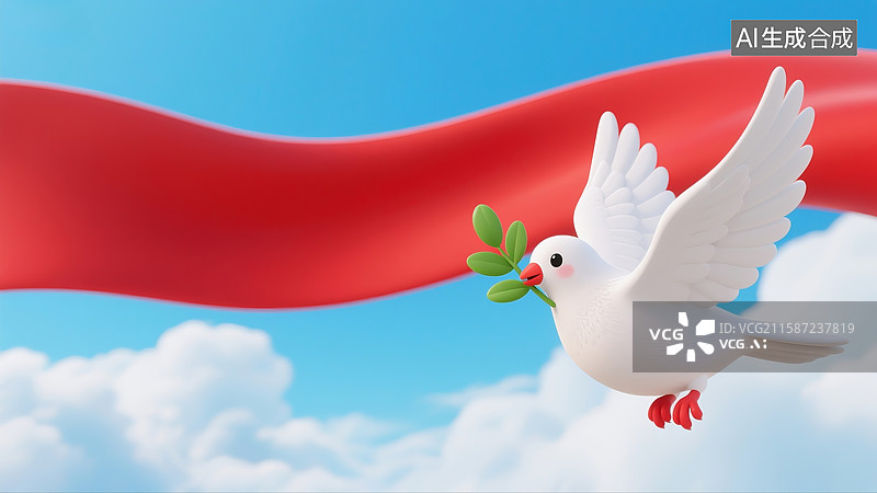 【AI数字艺术】红飘带的和平鸽在蓝天白云中飞翔，党政素材，和平，橄榄枝，国庆主题，红飘带，3D图片素材