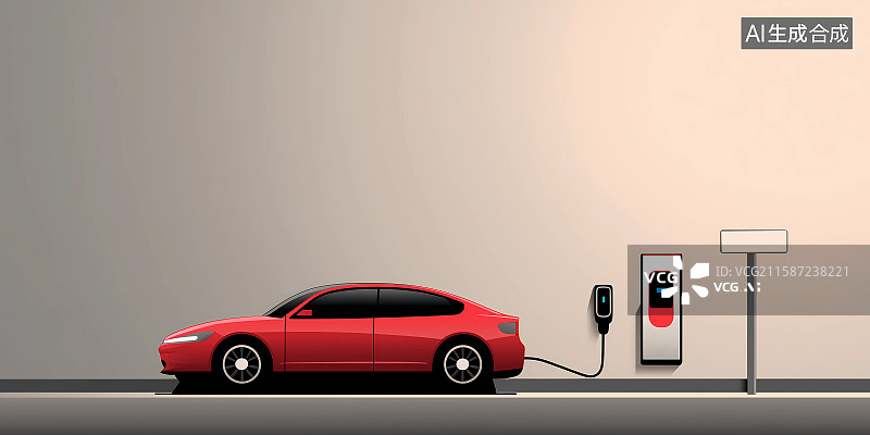 【AI数字艺术】现代新能源电动车和充电桩插画图片素材
