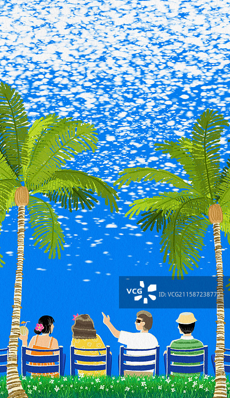 夏季海边休闲度假松弛放松青年朋友聚会插画图片素材