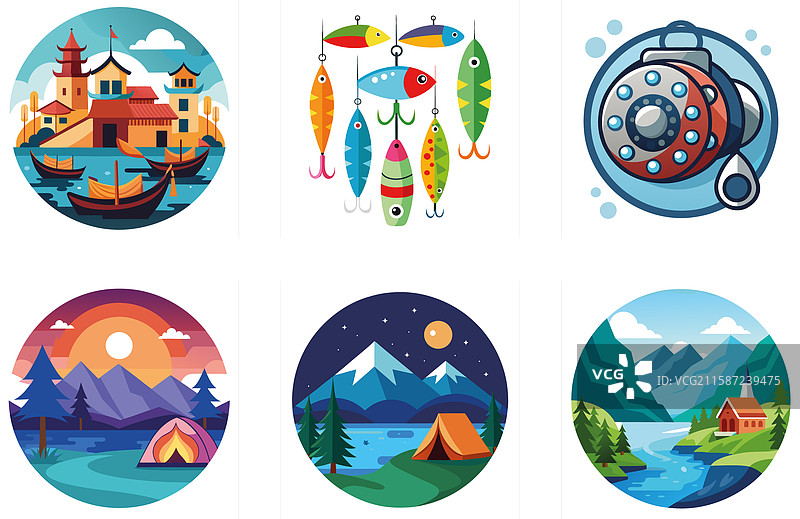 奇幻钓鱼组合与美味甜点图片素材