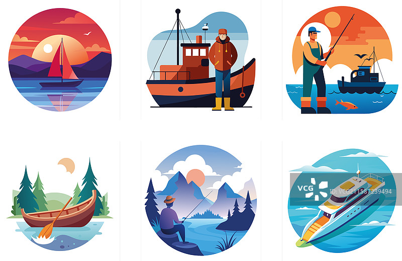 快乐的渔民与巨大的渔获束，气势恢宏图片素材