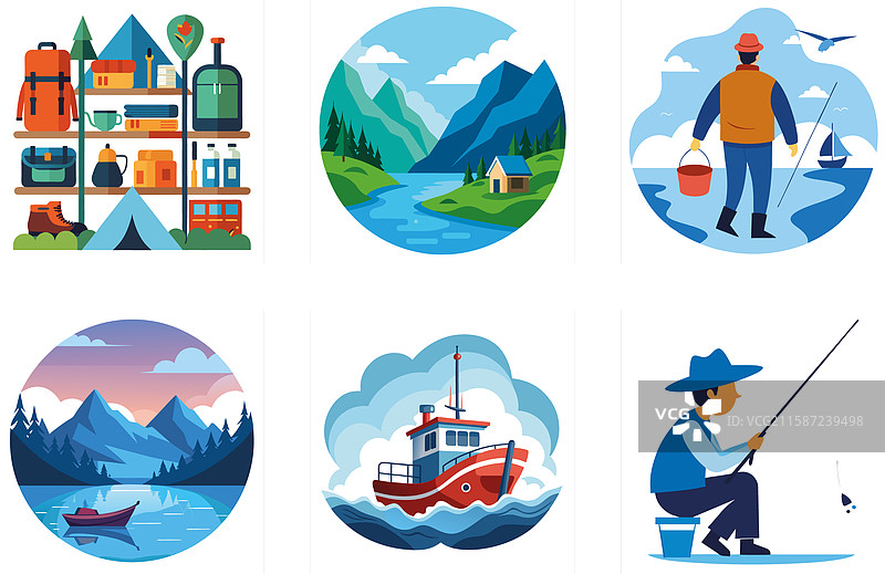 金色日落钓鱼组合与宁静湖泊图片素材