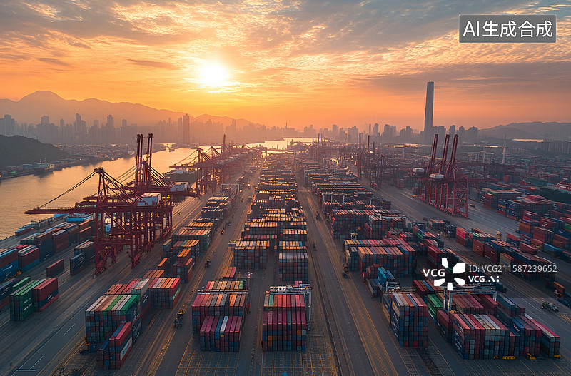【AI数字艺术】物流与运输的集装箱货轮和货机与工作起重机桥在日出船厂，物流进出口和运输行业背景图片素材