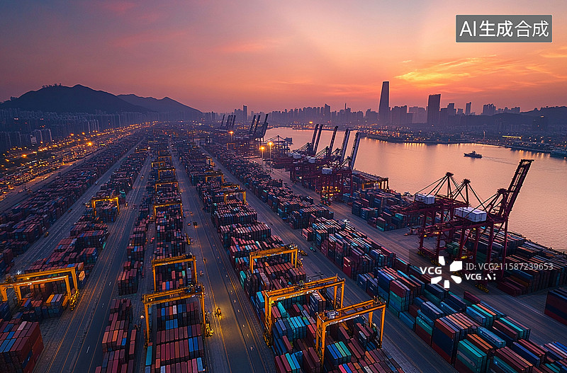 【AI数字艺术】物流与运输的集装箱货轮和货机与工作起重机桥在日出船厂，物流进出口和运输行业背景图片素材