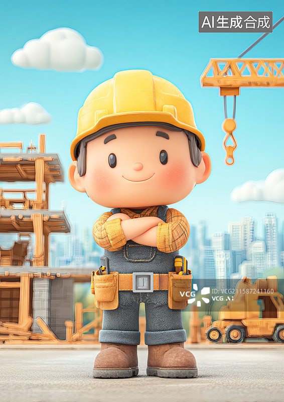 【AI数字艺术】建筑工地上一个可爱的建筑工图片素材