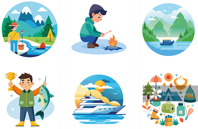 自豪的渔夫日落钓鱼套装合集图片素材
