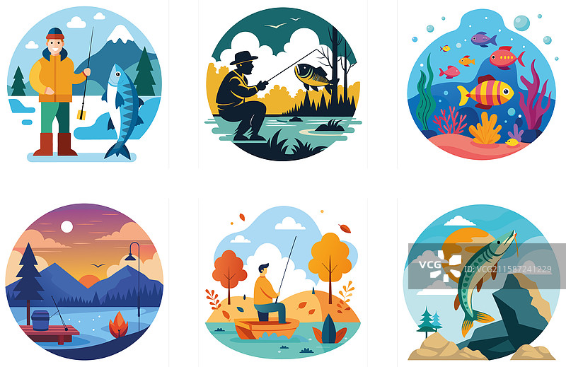 宁静湖泊中的钓鱼船组合，带来宁静的氛围图片素材