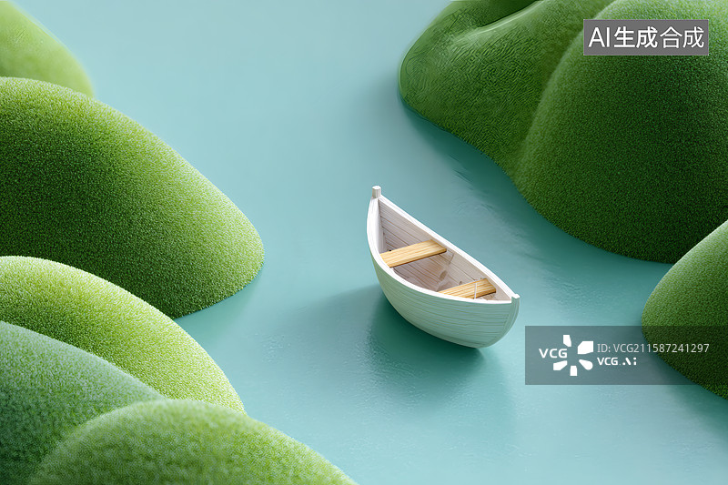 【AI数字艺术】卡通江面上一艘小船图片素材
