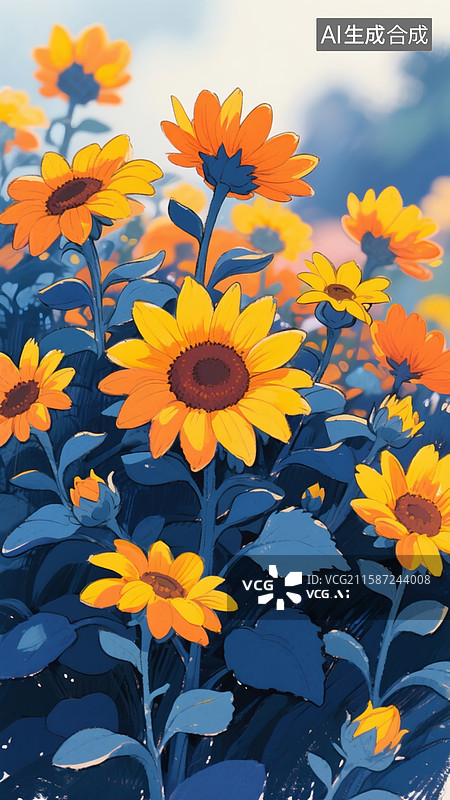 【AI数字艺术】太阳花向日葵花丛，漫画特写，油画风格图片素材