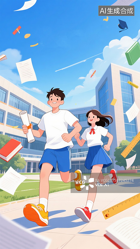 【AI数字艺术】大学毕业季主题插画，奔跑的少年少女，周围有飘动的纸张、书本、尺子等学习元素，背景是现代化的校园建筑图片素材