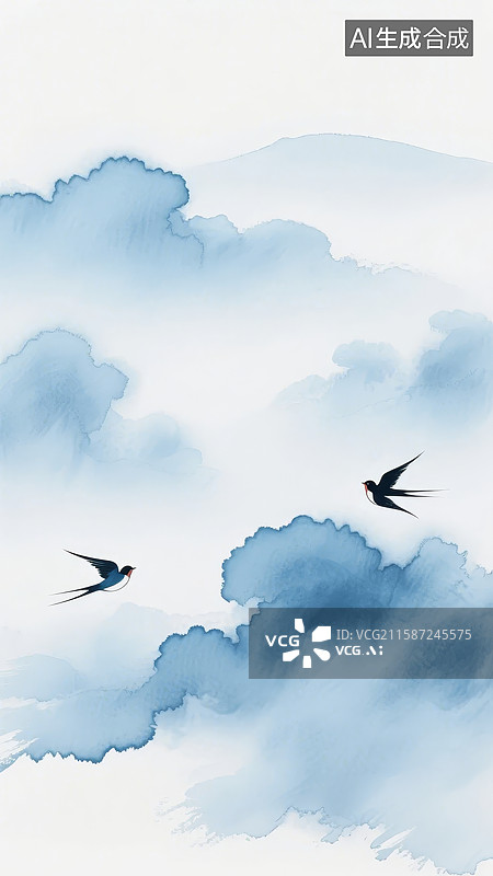 【AI数字艺术】云间飞燕，水墨意境图片素材