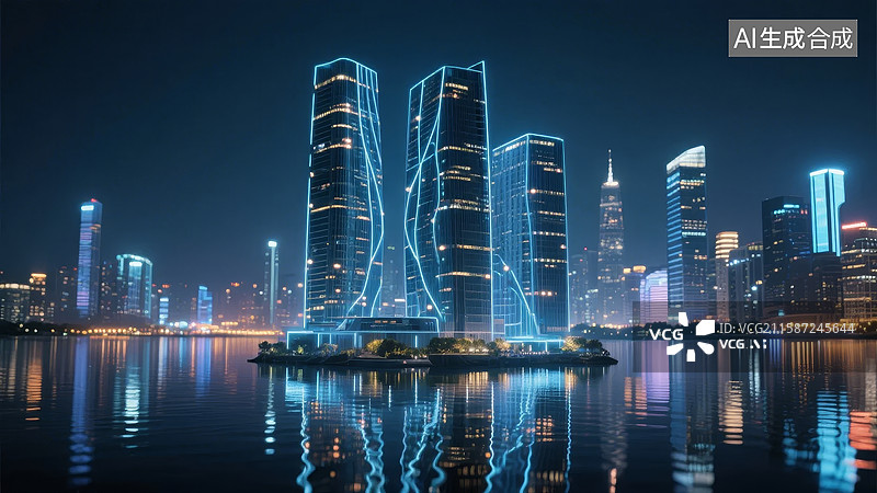 【AI数字艺术】夜景中的现代建筑群图片素材