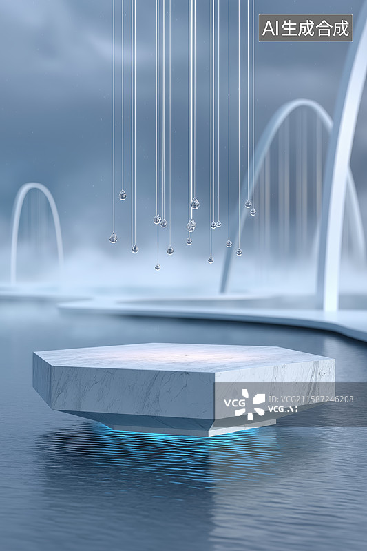 【AI数字艺术】悬浮几何平台与空中水晶球图片素材