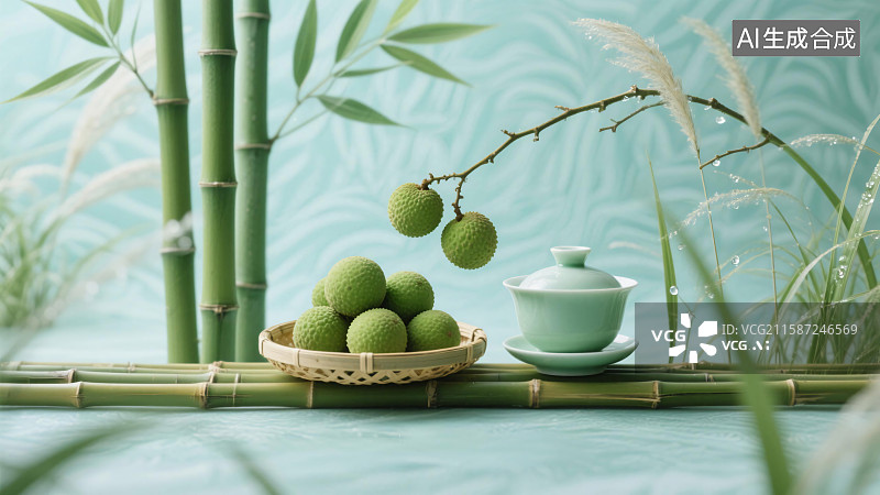 【AI数字艺术】清新中式茶歇，龙眼、竹编篮、青瓷茶具白露茶节气插画图片素材
