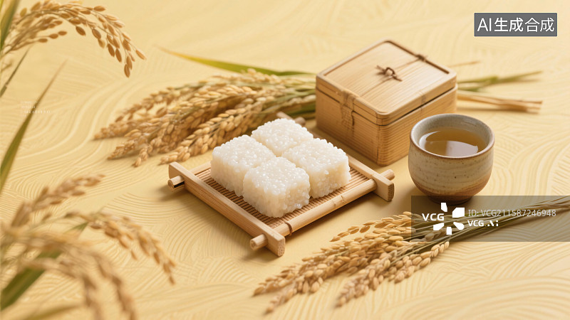 【AI数字艺术】暖黄背景下稻米竹盒茶杯与糯米糕节气丰收美食图图片素材