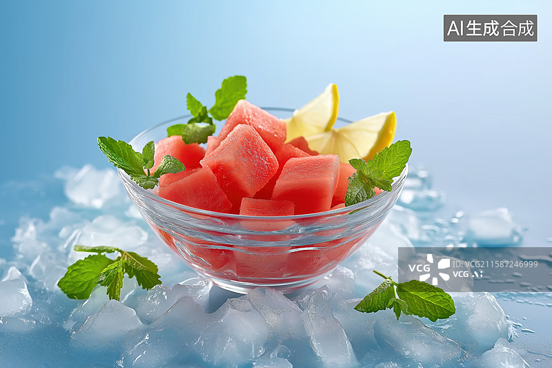 【AI数字艺术】冰镇西瓜块与柠檬薄荷装饰图片素材