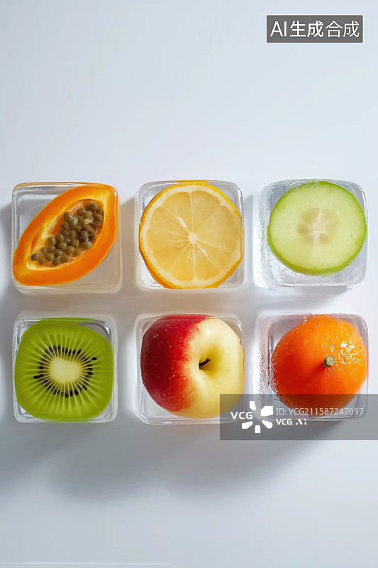 【AI数字艺术】六种水果切片展示于透明容器中图片素材