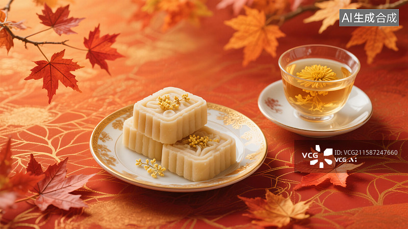【AI数字艺术】桌布上桂花糕、菊花茶与枫叶秋季节气美食插画图片素材