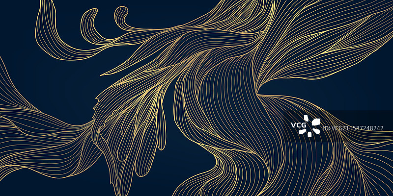 蓝色背景上的装饰艺术风格金色花卉图案图片素材