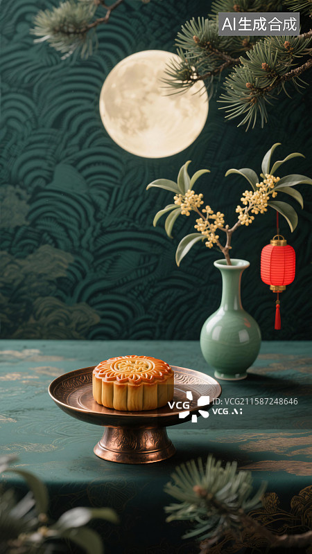 【AI数字艺术】绿底花纹背景下月饼、桂花与红灯笼中秋节气中式静物图图片素材