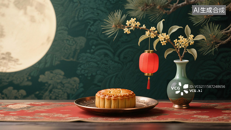 【AI数字艺术】绿底花纹背景下月饼、桂花与红灯笼中秋节气中式静物图图片素材