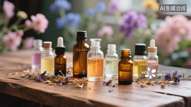 【AI数字艺术】精油瓶与鲜花的静谧时光图片素材