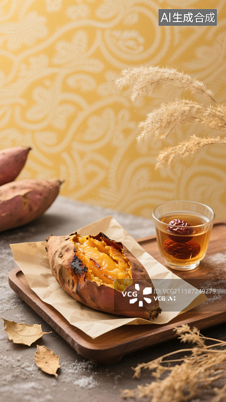 【AI数字艺术】冬日烤红薯配热茶红枣，暖黄复古背景插画图片素材