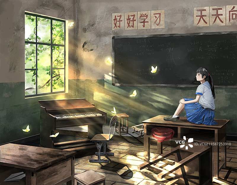 坐在教室里的女孩图片素材