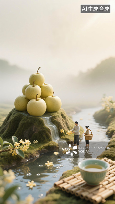 【AI数字艺术】微缩场景插画，梨与桂花搭配，营造清新节气中式氛围背景图图片素材