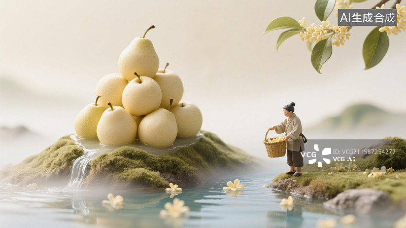 【AI数字艺术】微缩场景插画，梨与桂花搭配，营造清新节气中式氛围背景图图片素材