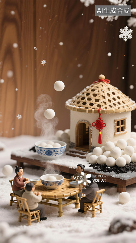 【AI数字艺术】微缩冬至场景插画，汤圆屋前家人团聚吃汤圆背景图图片素材