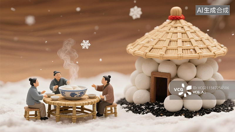 【AI数字艺术】微缩冬至场景插画，汤圆屋前家人团聚吃汤圆背景图图片素材